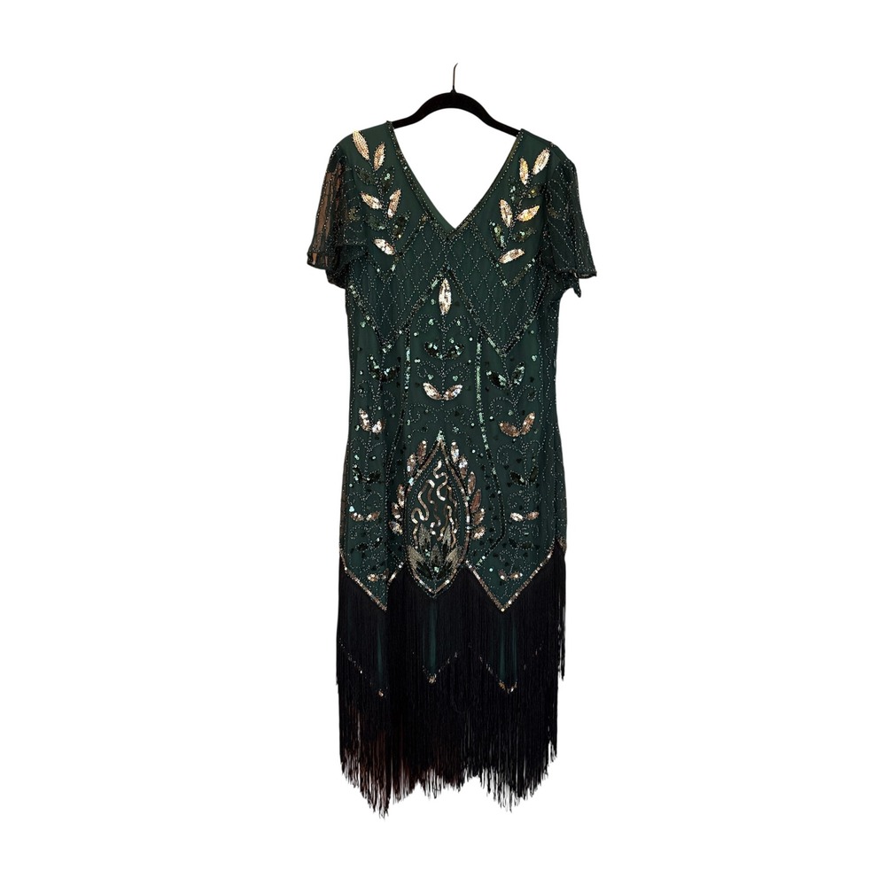 FUNDAISY Flapper Dress Women Green Sequin Fringe Art Deco Gatsby SIZE L